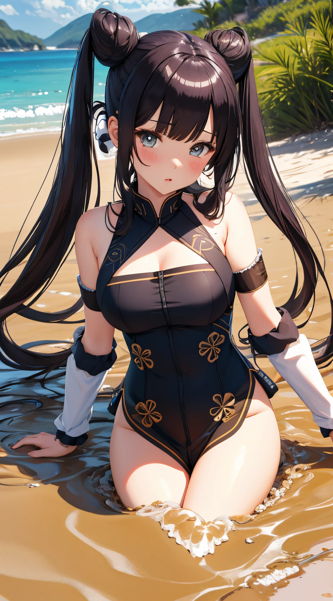 (best quality), 1 girl, ultra-detailed, illustration, yang guifei, (quicksand:1.3), beach, pouting