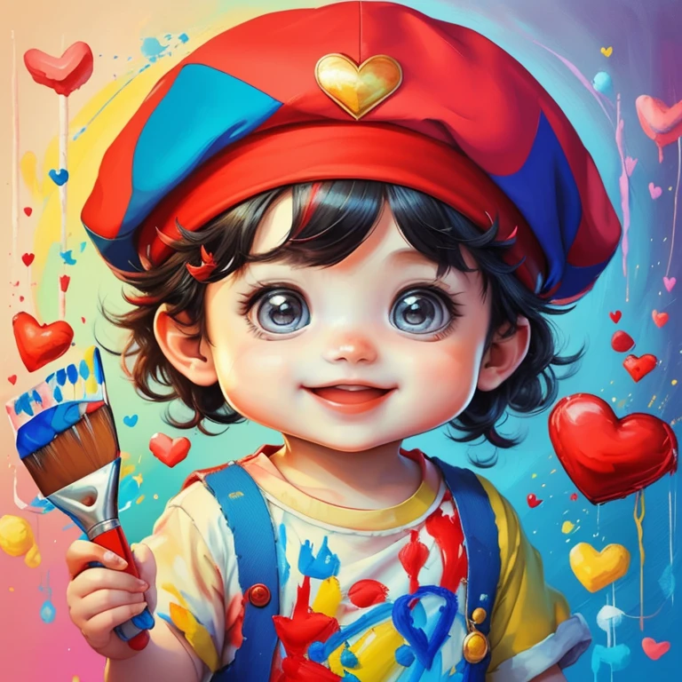 (cute baby boy with red beret smiling with a paintbrush painting beautiful heart), Munchkin ,Geometric multidimensional wall portrait, livro de arte, Tchibi,
Yang08k, Beautiful, Colouring,
Obras, of the highest quality, best quality, Arte Oficial, Beautiful and Aesthetic,