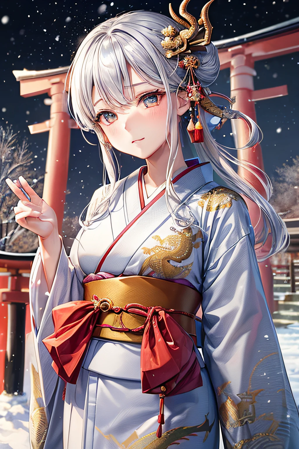 ((worst quality, low-quality)), ((girl with)), Solo, (facefocus,:1.4), ((half updo, Silver hair)), clear eyes and plump, Glossy lips, Gold eyes):1.2), Spoken Heart, (perfect hand:1.3), (traditional Japanese clothing:1.2), (wearing a kimono with a dragon pattern, Dragon embroidery, Dragon pattern:1.3), embarrassed, Standing, Looking at Viewer, Head tilt,  (Snowflake, Falling snow:1.4), (( Japanese torii gate background)), high-angle shot, masutepiece, Best Quality, ultra-detailliert,