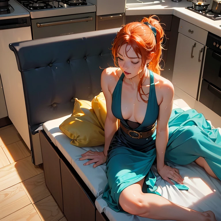 ((Photorealistic:1.6, UHD, masterpiece, high resolution)), (correct and good human anatomy:1.1)), nami \(one piece\), kunoichi outfit, mini dress, perfect face, (wet,sweat), fullbody:1.4, ((on top of the kitchen counter, lying down:1.4, on your back:1.6, sleeping))
