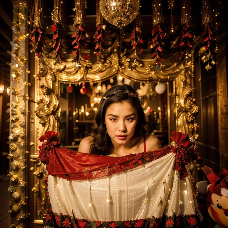 24 year old skinny filipina woman, curly long black haired, brown eyed, tanned yellow skin, soaked in oil, posing sensually, red robe, inside a concrete house, medium tits, medium ass, front view, hyper detailed, cinematic, volumetric lighting, shiny, clean bright colors, glossy, sharp focus, 4k, hdr, a lot of details, looking at the viewer lustfully, showing her back, oily glistening skin, barefoot, perfect foot, full body view