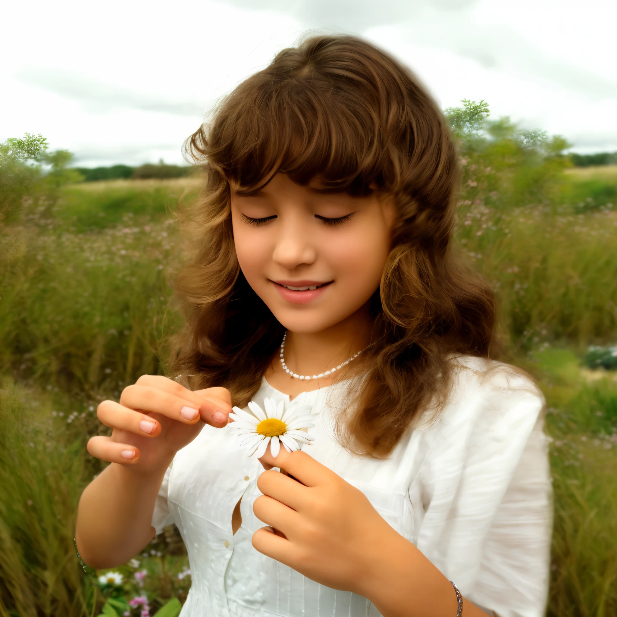 female hand with perfect fingers holds one daisy, A beautiful young girl, with her other hand she plucks one petal from this daisy, with a perfect face, Smiling, Field of daisies, RAW photo, blonde, hairlong, little chest, Hourglass-shaped case, in a modest white dress, Realistic, Masterpiece, Highest Quality, lens flare, [[chromatic aberration]],better shadow, photo realism, hyper realisitc, sexypose