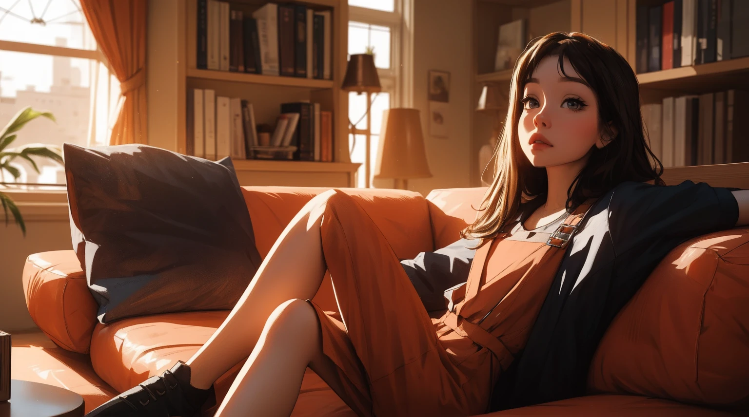 master part, 4K Ultra HD, foco nítido, Realistic; azeitona holanda&#39;The Gura Gawr style girl in a stylized black and red jumpsuit, apenas parte superior, fechar, Mantenha o rosto do Gawr Gura, mais realista, sitting on a sofa while in the background a bookshelf with beautiful lighting.