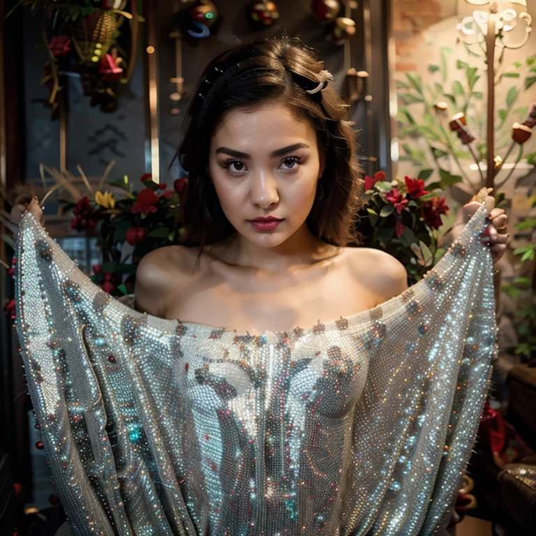 Chica joven,en ropa interior,(Christmas),sentada en una silla,mirada ,su pelo,largo,rubio,posando super sexy, sus labios ,They are blood red ,the decoration,Christmas,lots of lighting,ultra entallada,4k