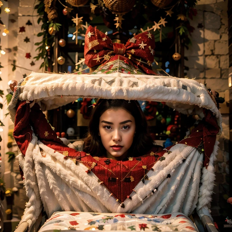Chica joven,en ropa interior,(Christmas),sentada en una silla,mirada ,su pelo,largo,rubio,posando super sexy, sus labios ,They are blood red ,the decoration,Christmas,lots of lighting,ultra entallada,4k