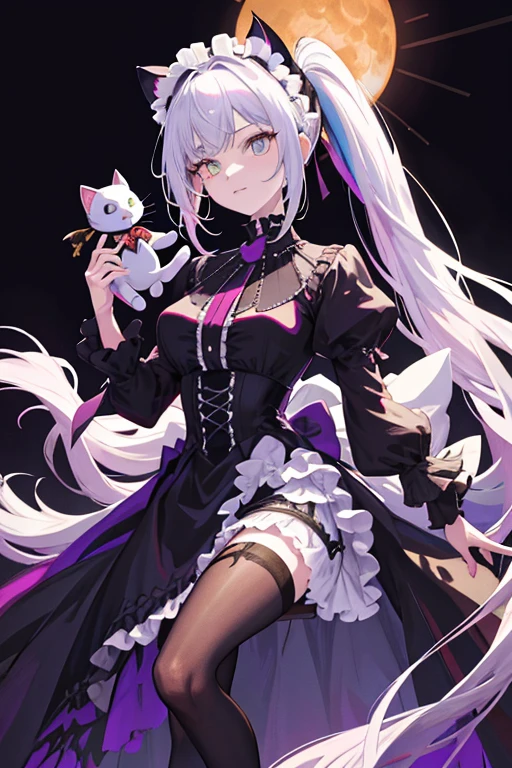 ((tmasterpiece:1.4,Best quality))++,(hyper-detailing)+,(Best quality,hyper-detailing,vibrant with colors,rich colourful,dynamic angle,hight contrast:1.2),A loli,Height about 141cm,Dark loli attributes,Has cat ears and a cat tail,Half tied double ponytail,European clothing,The eyes are dull,European dresow headdress,Holding a cat doll in hand(micro horror element theory,face expression,leslack lence black stockingooties。European,circuagister,delicated face,exquisite facial featurerom below:0.5), Fashionab, with dynamism, garments, posing on a, frontage, rich colourful, dyna, Background with, element in, self-assured, Expressing the, statement, fittings, A majestic, coil, Runt, Scenes, Cover of a, boldness, attention-grabbing, Fashionab, typeface, Catchy, attention-grabbinodern day, Fashionab, focal, Fashionab,the night,themoon,stage,performance,A huge scene,lamplight