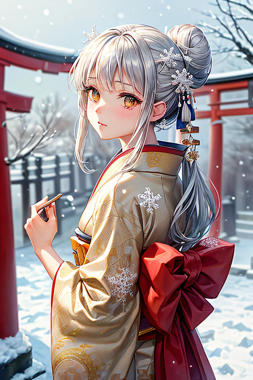 ((worst quality, low-quality)), ((girl with)), Solo, (a closeup:1.3), (facefocus,:1.4), ((half updo, Silver hair)), clear eyes and plump, Glossy lips, Gold eyes):1.2), Spoken Heart, (perfect hand:1.3), (traditional Japanese clothing:1.2), (wearing a kimono with a dragon pattern, Dragon embroidery, Dragon pattern:1.3), embarrassed, Standing, Looking at Viewer, Head tilt,  (Snowflake, Falling snow:1.4), (( Japanese torii gate background)), high-angle shot, masutepiece, Best Quality, ultra-detailliert,