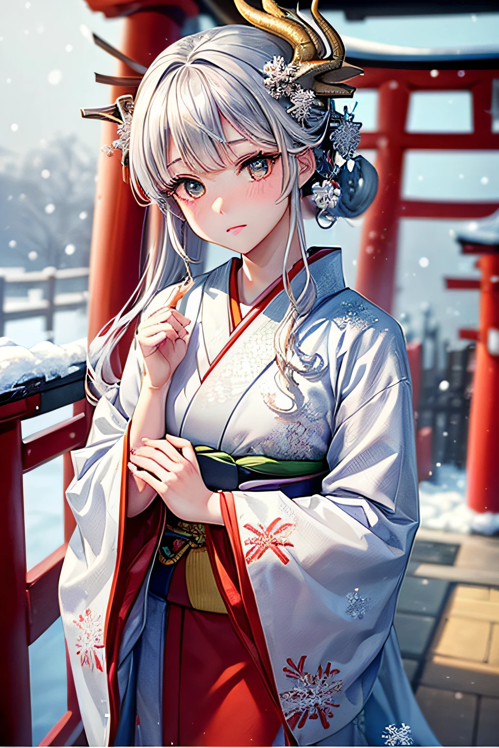 ((worst quality, low-quality)), ((girl with)), Solo, (a closeup:1.3), (facefocus,:1.4), ((half updo, Silver hair)), clear eyes and plump, Glossy lips, Gold eyes):1.2), Spoken Heart, (perfect hand:1.3), (traditional Japanese clothing:1.2), (wearing a kimono with a dragon pattern, Dragon embroidery, Dragon pattern:1.3), embarrassed, Standing, Looking at Viewer, Head tilt, (Snowflake, Falling snow:1.4), (( Japanese torii gate background)), high-angle shot, masutepiece, Best Quality, ultra-detailliert,
