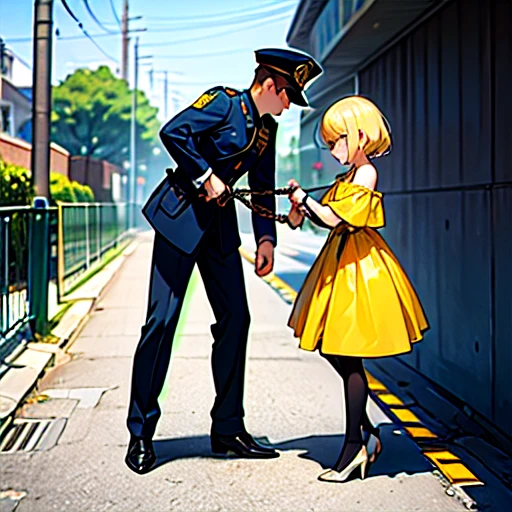 A policeman leads a detained blonde criminal in a short yellow off-shoulder dress......, tights and closed heels ,with hands handcuffed in front, arrest, escort, prisoner, Bondage, handcuffs, shackles, hande, tied in front, Detained, caught, it was said, Submissive, way to prison, street in the suburbs, morning, Clear sunny weather, Chained, circuits, tied, captured, give up, Go straight, punishment, handcuffed in front, The legs are chained, Lowered head, slow step, hande, tied in front, hands in front of body