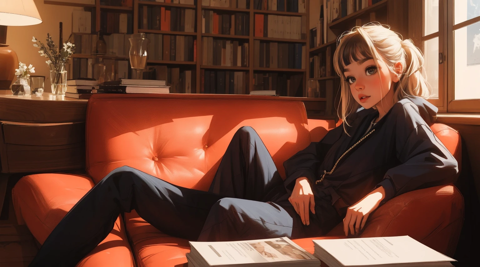 master part, 4K Ultra HD, foco nítido, Realistic, super detalhado, a Gura Gawr style girl in a stylized black and red jumpsuit, apenas parte superior, fechar, Mantenha o rosto do Gawr Gura, mais realista, sitting on a sofa with a bookshelf in the background.