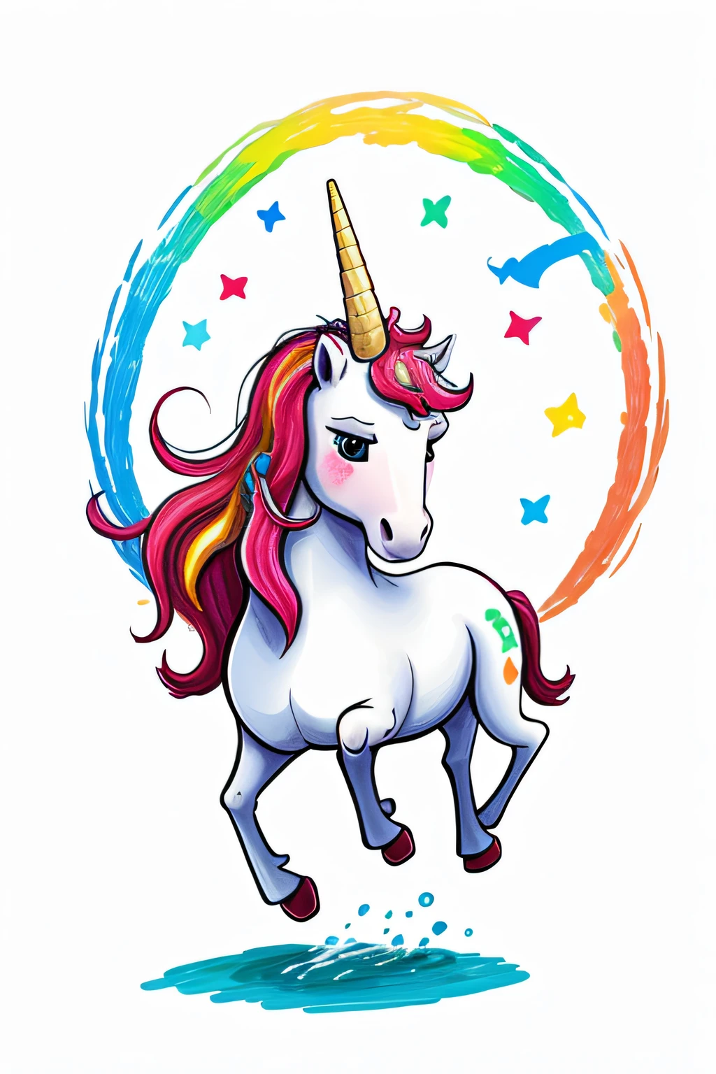 CUTE STYLE  UNICORN PEGASUS HORSE HAIR COLOR BLUE RED GREEN YELLOW ORANGE BLACK OUTLINS  ONE CORN  ILLUSTRATION  WHITE BACKGROUND RAINBOW COLORING PAGE cartoon, painting, illustration