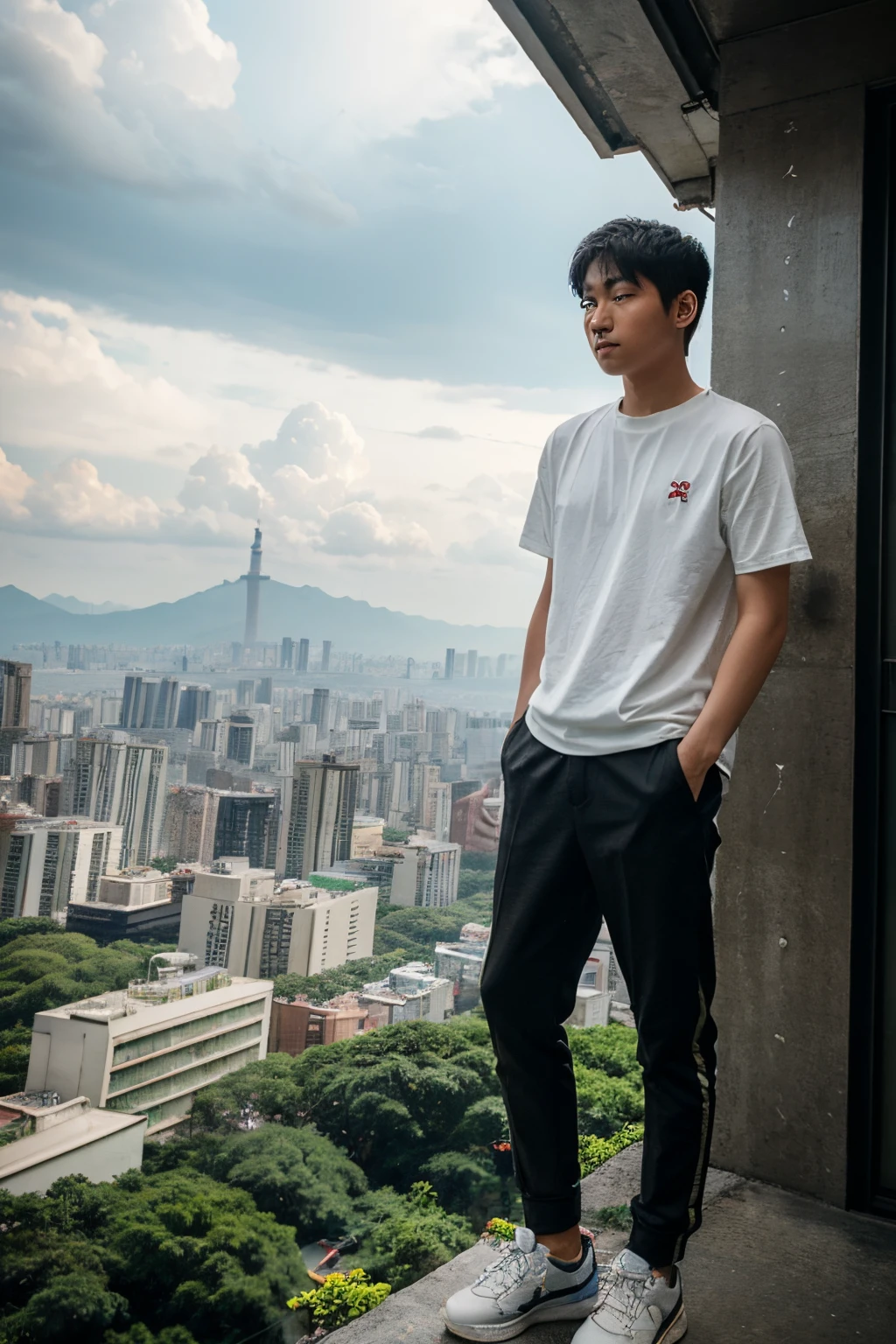 style-animem a young Asian boy standing standing on mountain looking at taipei 101