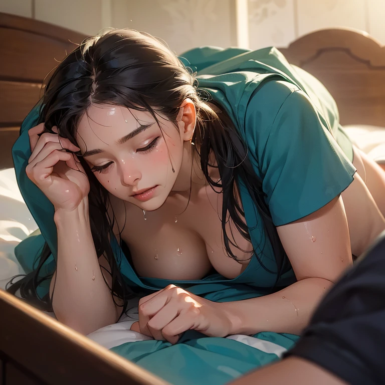 ((Photorealistic:1.6, UHD, masterpiece, high resolution)), (correct and good human anatomy:1.1)), nami \(one piece\), kunoichi outfit, mini dress, perfect face, (wet,sweat), fullbody:1.4, ((on top of the bed, lying down:1.4, on your back:1.6, sleeping, 1boy, young, from his pov hands))