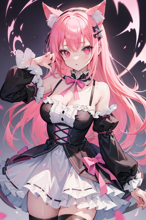 (masutepiece, Best Quality, High resolution: 1.2), 1 girl, Solo, double tails, have pink eyes, Upper body, Gothic lolita, Pink hair, Cat ears,thunder,Style ArtGerm, Full Body Detail 4K,I opened my mouth wide lol,And its detailed full-body detail 4K