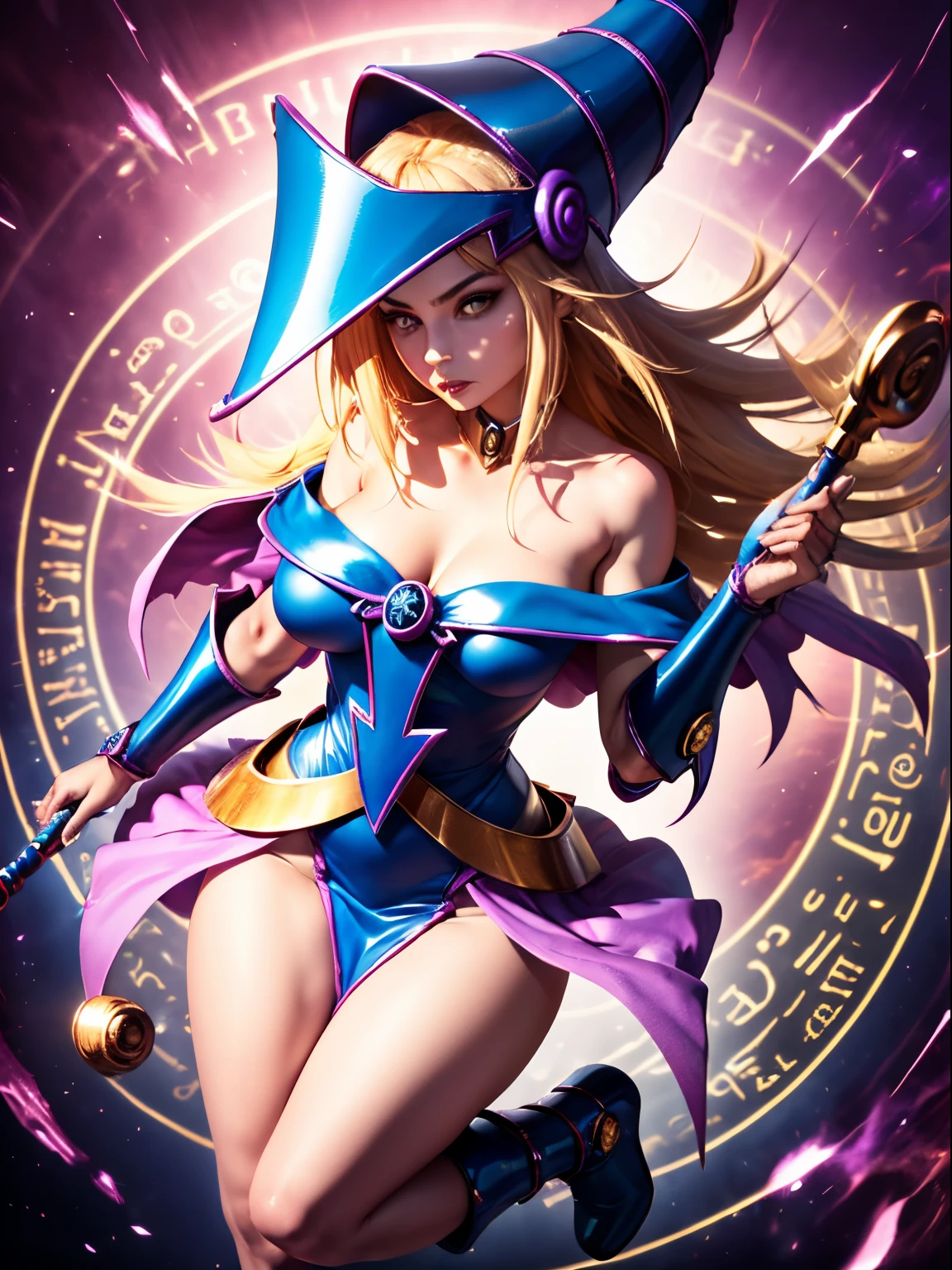 ultra-detailed, extremely detailed, masterpiece, highest quality, best quality, absurdres, highres, dark magician girl, (1girl:1.2), solo, detailed face, dynamic pose, hair flow, (full body:1.1),  blonde hair, long hair, looking at viewer, green eyes, skindentation, detailed skin, skin pores, (shiny skin, glossy skin:1.1), rosy skin details, breasts, nail polish, skirt, blue footwear, blue headwear, wizard hat, wand, holding hat, (blue panties:0.9), (summoning circle:1.1), hexagram, pentacle, pentagram, yu-gi-oh!, duel monster, purple magic field, glow, detailed background, intricate background,