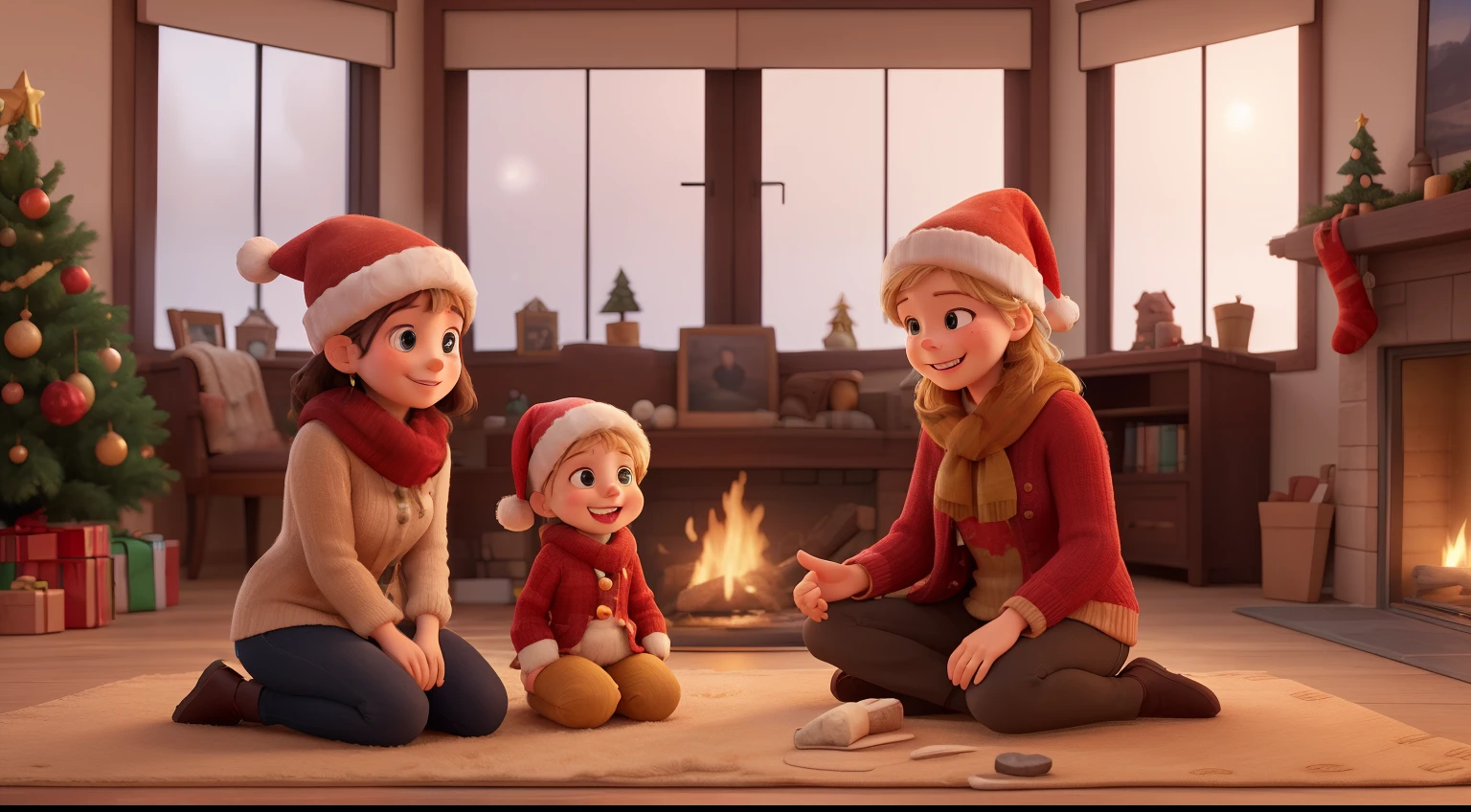 Create a happy family in your home this Christmas season. The house has a fireplace that has a fire, a Christmas tree, a large window that allows you to see the snow and the pine trees. In this family we have the father, the mother, two daughters and just one golden retriever dog. The dog has a red Christmas hat and a scarf. The father gives a gift to his daughter. The daughter receives the gift and is very happy.