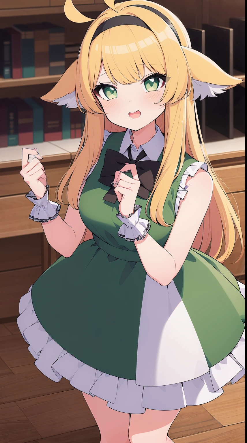 1girl, animal ear fluff, animal ears, bangs, black hairband, blonde hair, blurry, blurry background, depth of field, dress, flower, flower pot, frilled dress, frills, green dress, green eyes, hairband, sleeveless, sleeveless dress, smile, solo, tail, wrist cuffs