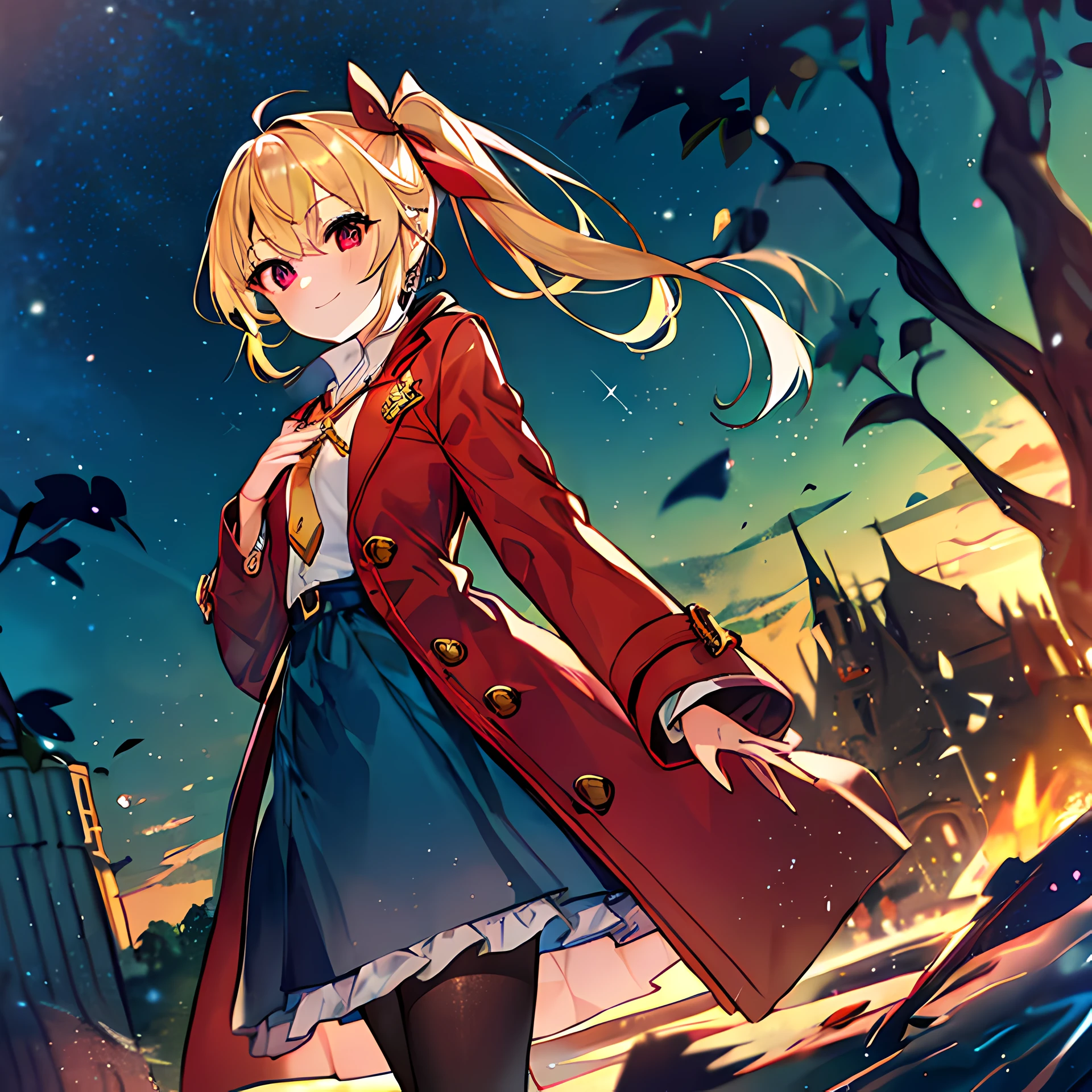 Gold Hair, Blonde hair, Side Ponytail, Pointed ears, Red Eyes, slanted eye, ***********, Young Girl, White shirt, Collared shirt, dull red coat, smoky red coat, Red Ribbon Ribbon, Long coat, Oversized coat, dull blue skirt, smoky blue skirt, flered skirt, Black pantyhose, yellow scarf, tie scarf, gem brooch, vine bracelet, tiny chest, flat chest, 1girl in, Solo, Bold smile,