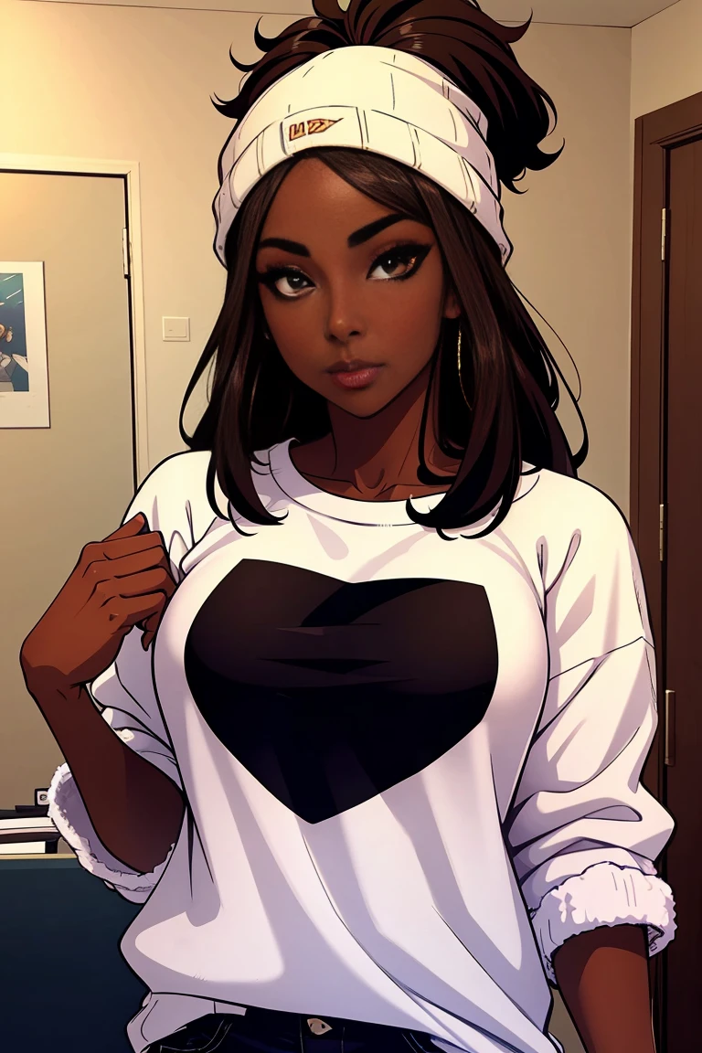 Dark skin ebony young woman in an oversized fuzzy fitted shirt, clearly defined brown eyes