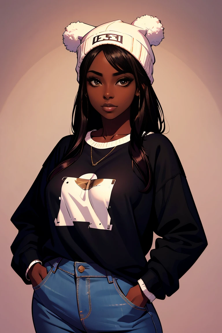 Dark skin young woman in an oversized fuzzy fitted shirt, clearly defined brown eyes