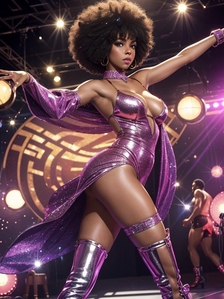 Young, beautiful mulatto woman with afro haircut in 70's, erotic disco outfit, 70's style, shiny, stockings, boots,shiny,dynamic lights, photorealism, high detailed, glitter and glimmer, different seductive dance scene, jean ansell and justin Gerard, plump breasts and beautiful body, transparent, micro short outfit detailed background in Studio 54