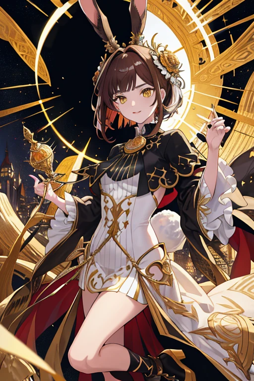 ((tmasterpiece:1.4,best qualtiy))++,(hyper-detailing)+,(best qualtiy,hyper-detailing,vivd colour,rich colourful,dynamic angle,hight contrast:1.2),A teenager,Height about 159cm,Brown hair,Rabbit ears on head,Wearing gold wire glasselack magic hat(hyper-detailing,delicated),Golden eyes,European clothing。European,circuagister,delicated face,exquisite facial featurerom below:0.5), Fashionab, with dynamism, garments, posing on a, frontage, rich colourful, dyna, Background with, element in, self-assured, Expressing the, statement, fittings, A majestic, coil, Runt, Scenes, Cover of a, boldness, attention-grabbing, Fashionab, typeface, Catchy, attention-grabbinodern day, Fashionab, focal, Fashionab,the night,themoon,stage,performance,A huge scene,lamplight