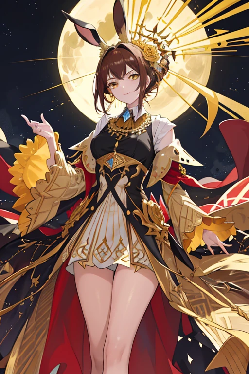 ((tmasterpiece:1.4,best qualtiy))++,(hyper-detailing)+,(best qualtiy,hyper-detailing,vivd colour,rich colourful,dynamic angle,hight contrast:1.2),A ager,Height about 159cm,Brown hair,Rabbit ears on head,Wearing gold wire glasselack magic hat(hyper-detailing,delicated),Golden eyes,European clothing。European,circuagister,delicated face,exquisite facial featurerom below:0.5), Fashionab, with dynamism, garments, posing on a, frontage, rich colourful, dyna, Background with, element in, self-assured, Expressing the, statement, fittings, A majestic, coil, Runt, Scenes, Cover of a, boldness, attention-grabbing, Fashionab, typeface, Catchy, attention-grabbinodern day, Fashionab, focal, Fashionab,the night,themoon,stage,performance,A huge scene,lamplight