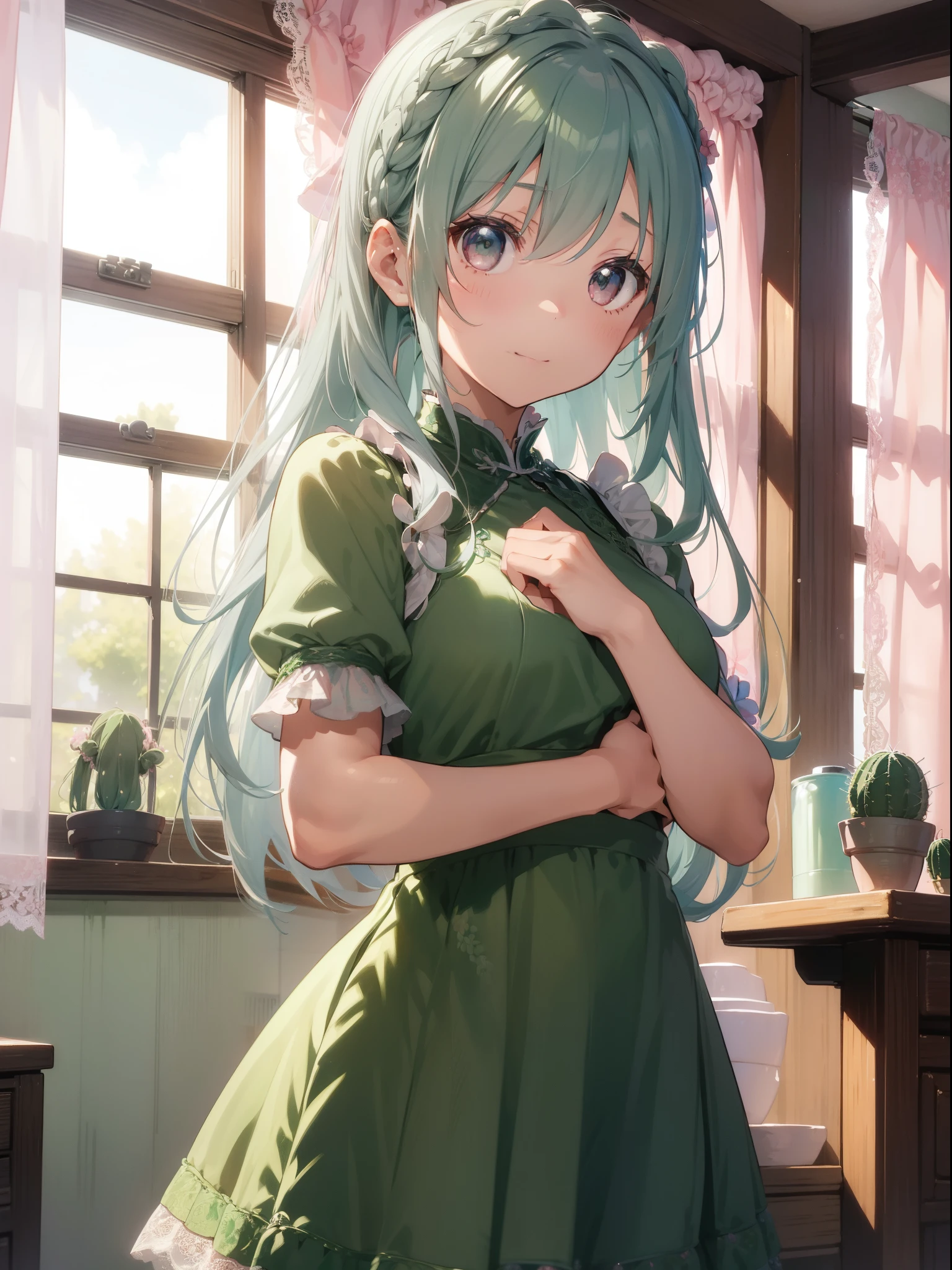 (Top image quality)、(ultra-detailliert)、(Facing the front)、top-quality、masterpiece、(((1girl in)))、Lori、girl with、silber hair、White hair、((Longhaire))、Braids、Gray eyes、(Green cheongsam)、((Green Ceramic Dress))、pastel colored raid clothes、Ruffled hair ornaments、lots of ruffles、lots of ribbons、Pink ribbon、she has a cute expressive face、Fluffy and spreading hair、(((Lace curtains)))、(Yumekawa)、(flower field)、Cactus flowers