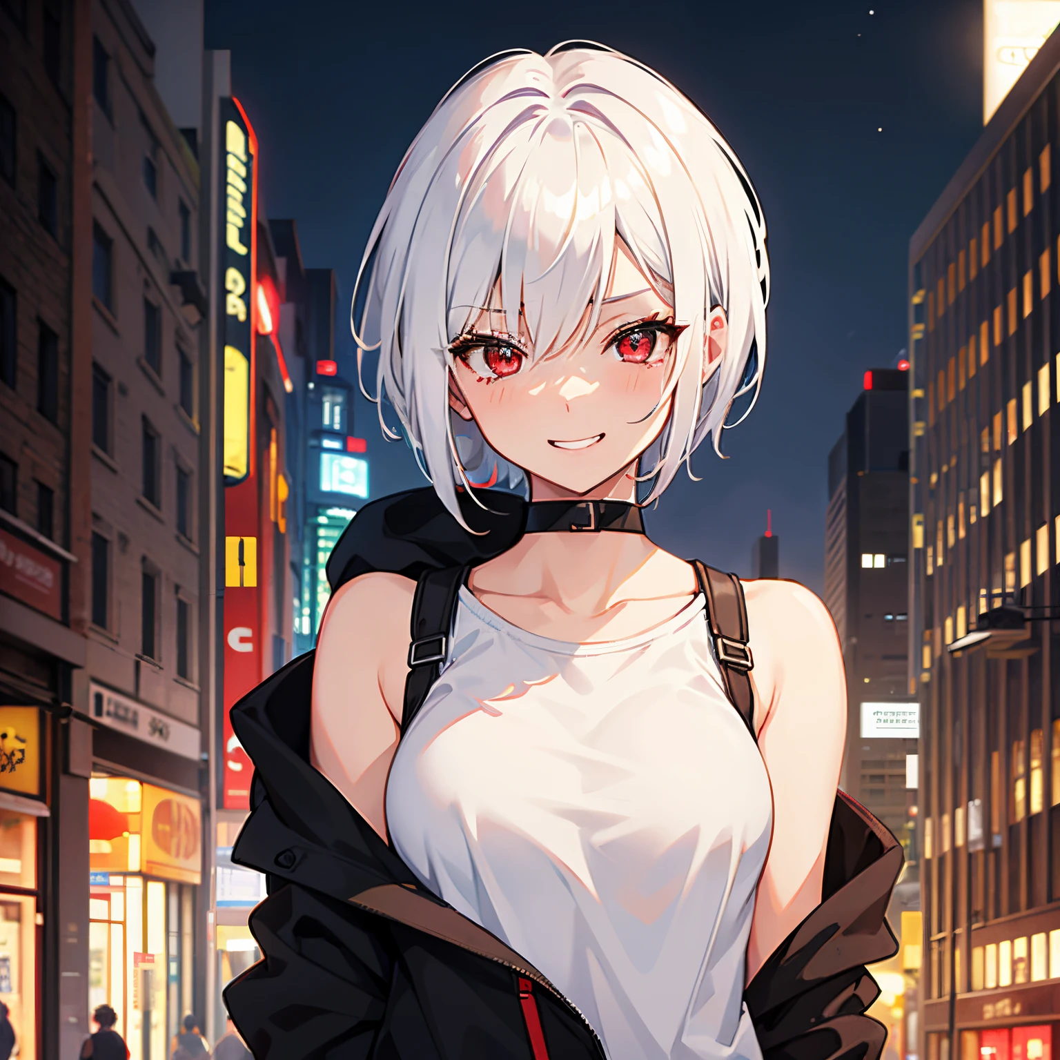 1girl, short white hair, red eyes, looking at viewer, wearing black hoodie, tank top, grinning, looking from behind, blushing, citylife, night, upper body, shoulders exposed, ultrasharp, high quality, 8k, masterpiece
