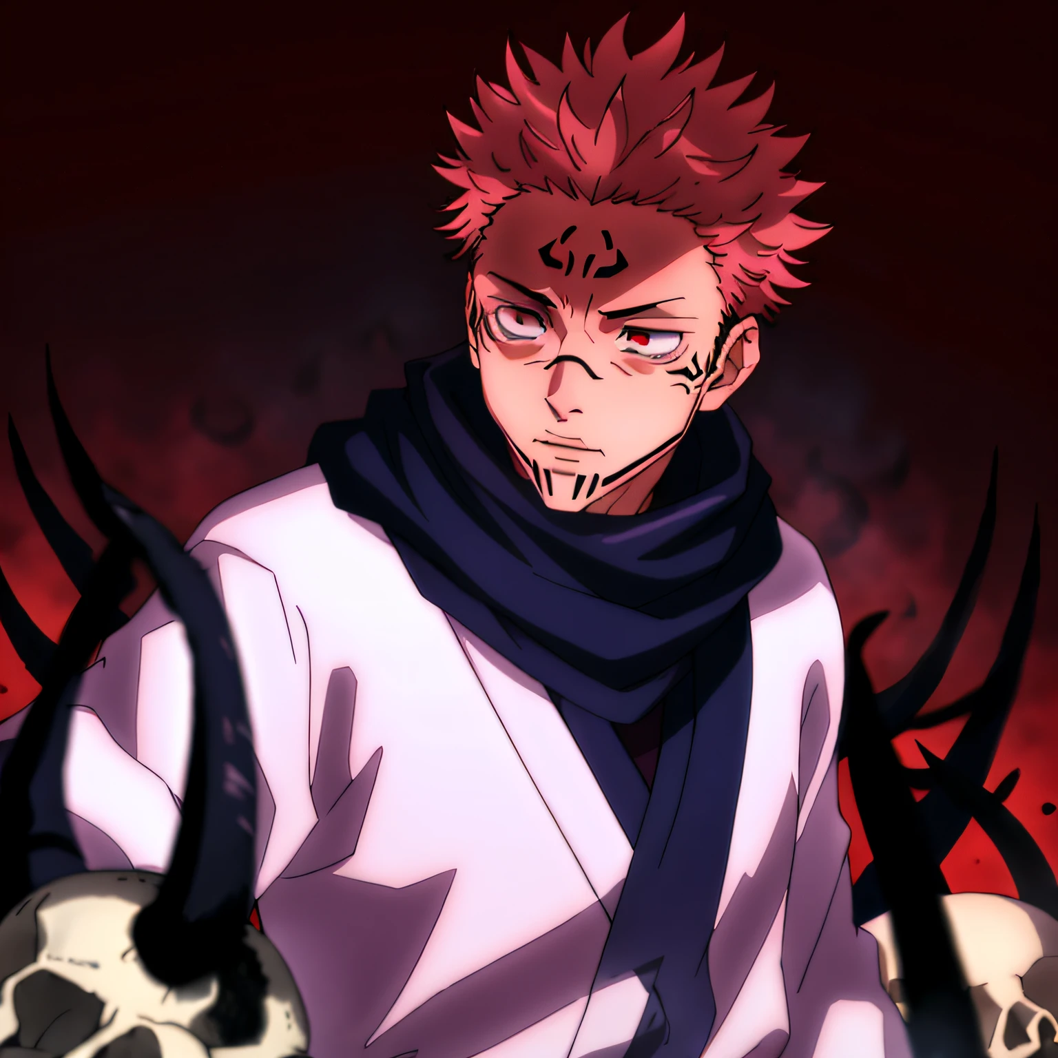 masterpiece,high quality,solo, RyomenSukuna,1man, blue scarf,japanese clothes,white kimono,wide sleeves,long sleeves,headset, obi, tabi,zouri, hell,shadow,shadowed face,skull,animal skull,red background,