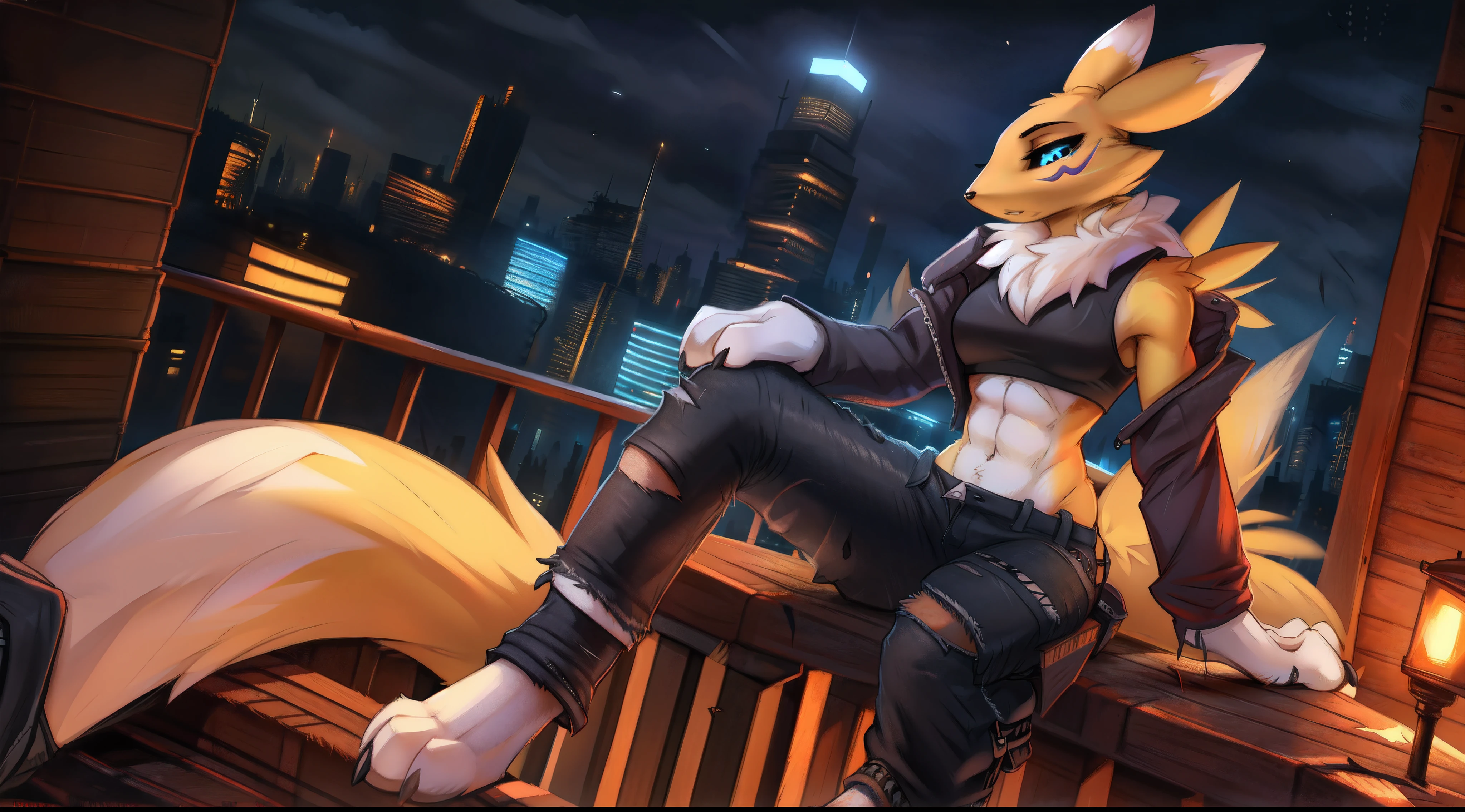 by fluff-kevlar, by Zackary911, by Kenket, by Kilinah, by fluff-kevlar, body fur, high res,1girl, solo female (((Renamon))), ((detailed Renamon)), ((muscular toned:1.2)), (detailed body), (detailed lighting), tail,cyber city, night, ((damaged cargo pants:1.4)), ((black denim crop top jacket:1.4)), balcony, looking at the sky, sit on a box, perspective, finely detailed paws, cinematic lighting, medium shot, masterpiece, blue eyes, shot from above, high angle shot,