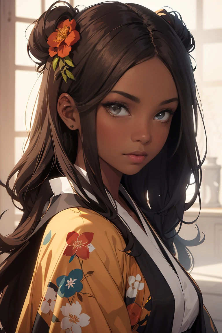 a close up of a dark skinned black woman with dark chocolate skintone, brown skin, cocoa skin in a kimono outfit with flowers in her hair, a character portrait inspired by Charlie Bowater, trending on Artstation, beautiful avatar pictures, charlie bowater art style, digital anime illustration, beautiful digital illustration, disney art style, neoartcore
