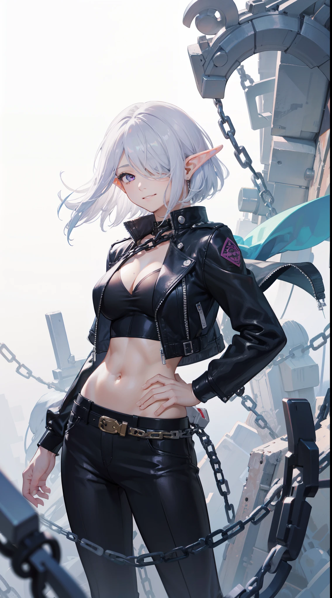 (masterpiece),(bestquality),highly detailed,ultra-detailed, chain mythology, (elf), 1girl, solo, big breast, cute girl, Bob cut hair, parted bangs, (hair over one eye), white hair, violet eyes, smirk, Black leather jacket with spikes, open belly, breeches, Chains on clothes, scar on face, cigarette, Smoke, hiquality, 4k, HD, Good detail, style of Artgerm, by Kawacy, By Yusuke Murata