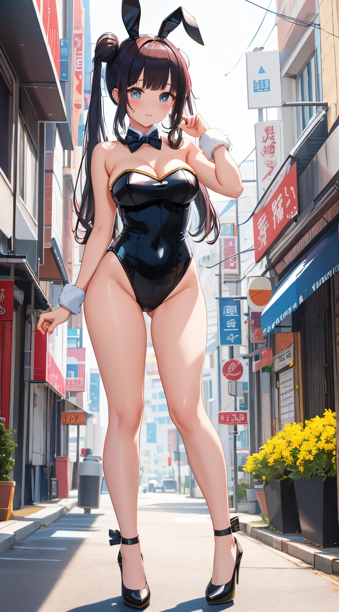 (best quality), 1 girl, ultra-detailed, illustration, yang guifei, city street, (bunny), strapless leotard, detached collar, bunny ears, high heels, standing