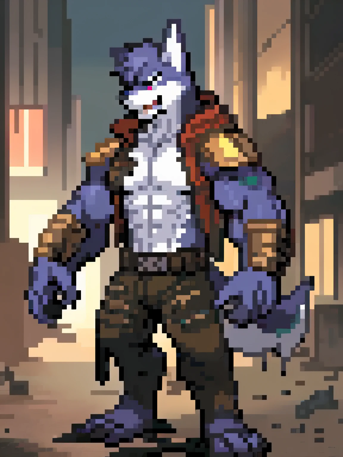 res, (goo Husky), gold and silver fur, anthro, blurred background, male, muscular, muscular anthro, muscular male, tail, solo, detailed background, (kemono), Abandoned City Background, closed mouth, grin, claws, back, 2D, mercenary, suggestive, charismatic, anime pose, long cloak over shoulders and arms, post-apocalyptic, changed_(video_game), 16_bit, dripping goo from body, 4 fingers, pixelated, detailed face, holding rifle, pants