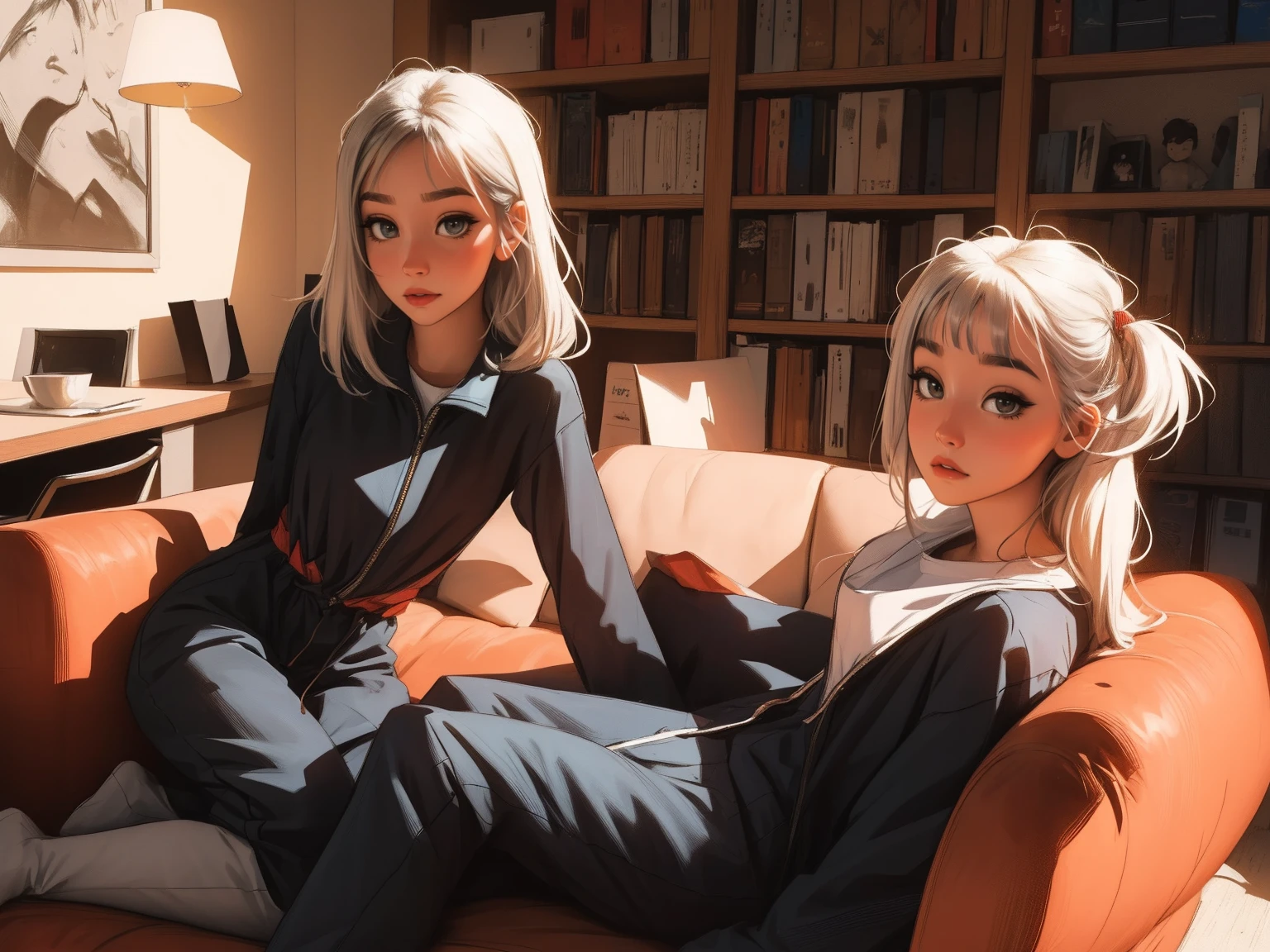 master part, 4K Ultra HD, foco nítido, Realistic, super detalhado, a Gura Gawr style girl in a stylized black and red jumpsuit, apenas parte superior, fechar, Mantenha o rosto do Gawr Gura, mais realista, sitting on a sofa with a bookshelf in the background.