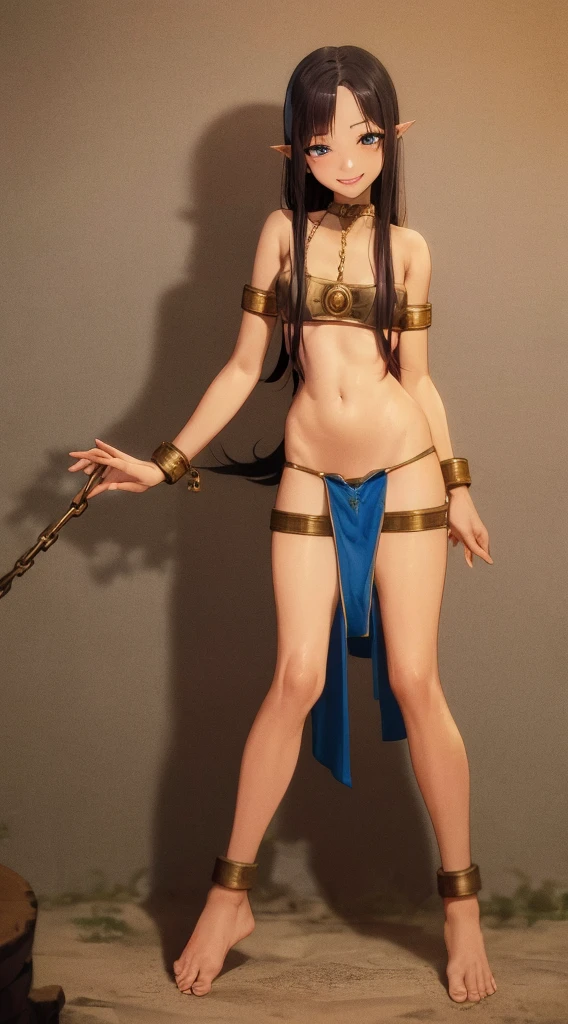 SFW, full body young woman, a slave auction in a fantasy world, bare feet, smiling face, slave, loincloth. shackles. chocker