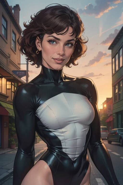 (masterpiece, best quality, highres, high resolution:1.2), extremely detailed, realistic, intricate details, (cinematic lighting, sunlight, volumetric), 1woman 40yo, smile, solo, light brown hair, Pinned Back Curls, blunt bangs, blush, freckles, seductive smile, wearing ghostbuster suit, (small breasts), stading, in a spookie street, new york, ghost, buildings, looking at viewer, close-up shot, eye-level shot,