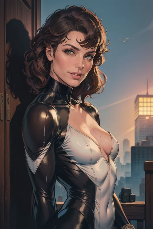(masterpiece, best quality, highres, high resolution:1.2), extremely detailed, realistic, intricate details, (cinematic lighting, sunlight, volumetric), 1woman 40yo, smile, solo, light brown hair, Pinned Back Curls, blunt bangs, blush, freckles, seductive smile, wearing ghostbuster suit, (small breasts), stading, in a spookie street, new york, ghost, buildings, looking at viewer, close-up shot, eye-level shot,