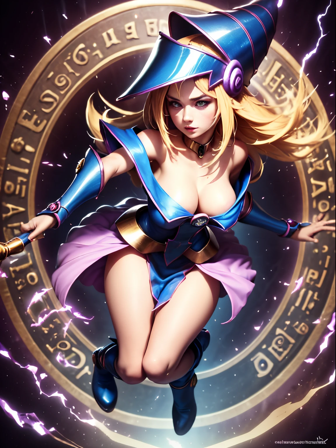 ultra-detailed, extremely detailed, masterpiece, highest quality, best quality, absurdres, highres, dark magician girl, (1girl:1.2), solo, detailed face, dynamic pose, hair flow, (full body:1.1),  blonde hair, long hair, looking at viewer, green eyes, skindentation, detailed skin, skin pores, (shiny skin, glossy skin:1.1), rosy skin details, breasts, nail polish, skirt, blue footwear, blue headwear, wizard hat, wand, holding hat, (blue panties:0.9), (summoning circle:1.1), hexagram, pentacle, pentagram, yu-gi-oh!, duel monster, purple magic field, glow, detailed background, intricate background,