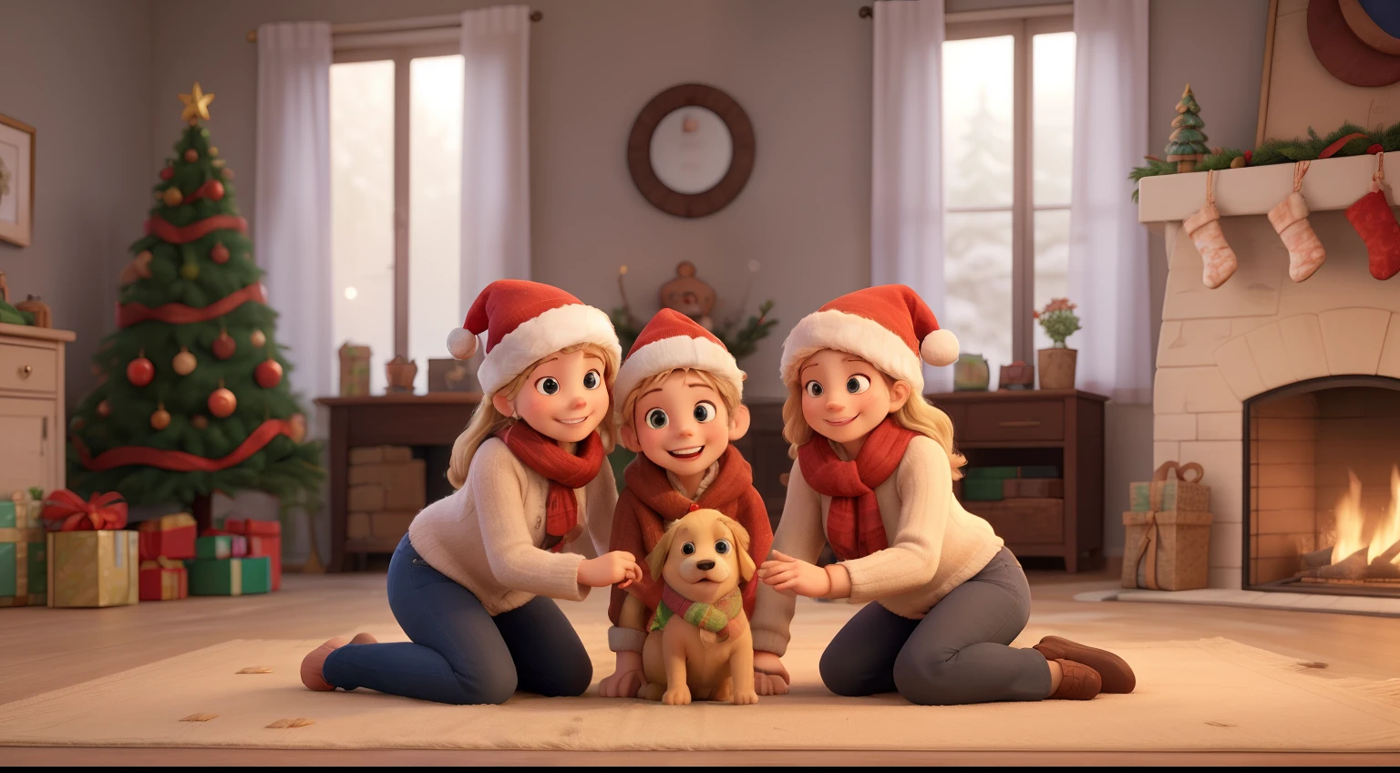 Create a happy family in your home this Christmas season. The house has a fireplace that has a fire, a Christmas tree, a large window that allows you to see the snow and the pine trees. In this family we have the father, the mother, two daughters and just one golden retriever dog. The dog has a red Christmas hat and a scarf. The father gives a gift to his daughter. The daughter receives the gift and is very happy.