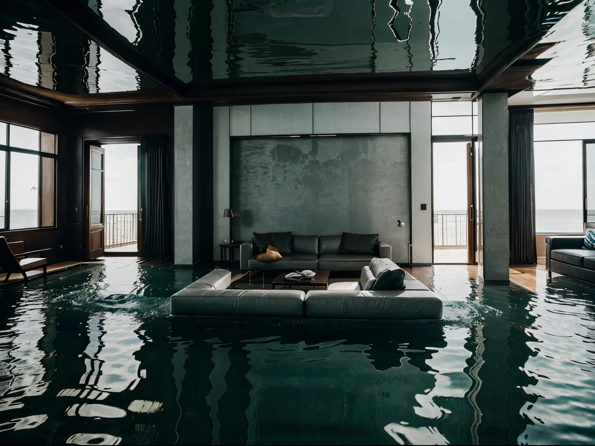 A living room that appears to be floating on water, fhd, photorealistic, beauty
