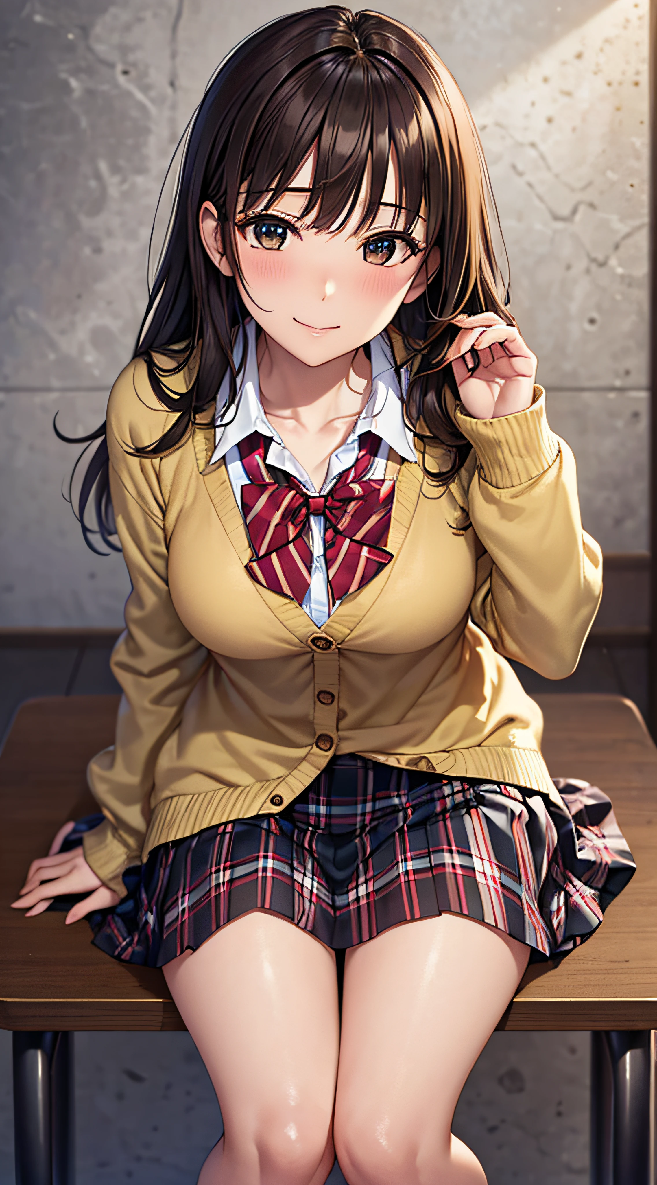 ((masutepiece, Best Quality, hight resolution, nffsw, Perfect Pixel,  4K, nffsw, nffsw))), 1girl in, Single, Solo, Beautie、full body seen、 ((Middle Wave Hair, Bangs, Brown hair)), ((Brown-eyed, Beautiful eyelashes, Realistic eyes)), ((Detailed face, Blushing:1.2)), ((Smooth texture:0.75, Realistic texture:0.65, Photorealistic:1.1, Anime CG style)), medium breasts, Dynamic Angle, Perfect body,  ((red bowtie, School uniform, Black jacket, Open jacket, Brown cardigan, White shirt, Black skirt, plaid skirts、I'm not wearing shoes、White Sox)), Classrooms without people、Sit on a desk、Lower&#39;I took my foot off the desk...、early evening、、((Angle looking up from below))、Very embarrassing panic smile、(Lift the skirt with both hands、Open both legs、pale yellow floral lace panties)、