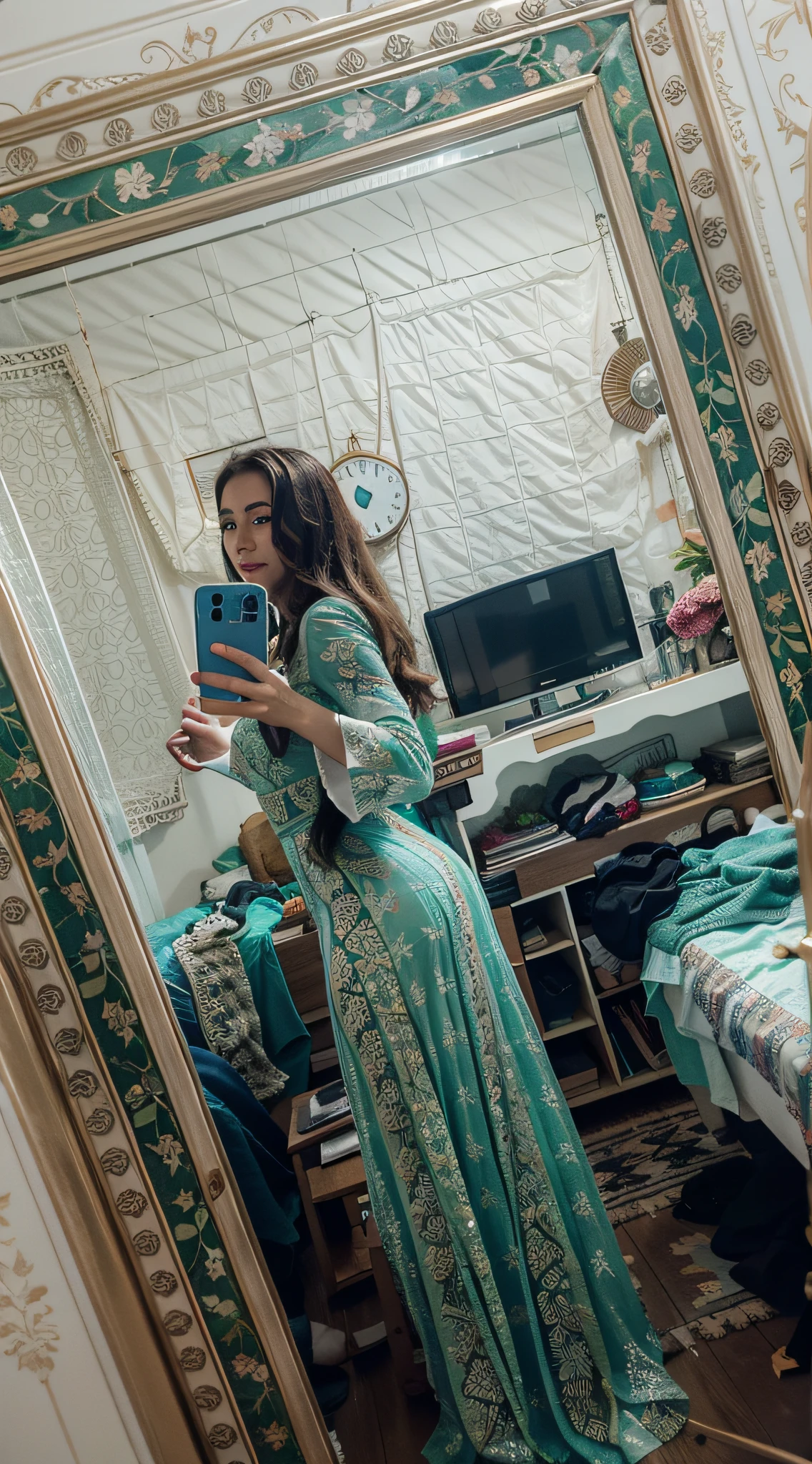 Araffe mulher em um vestido longo tirando uma selfie em um espelho, usando um vestido longo, selfie espelho, posando em um quarto, usando vestido, imagem de qualidade muito baixa, foto de baixa qualidade, vestido longo, fotografia de baixa qualidade, imagem de corpo inteiro, em frente a um espelho, Photo taken from behind, foto da roupa, vestido aberto, em seu quarto