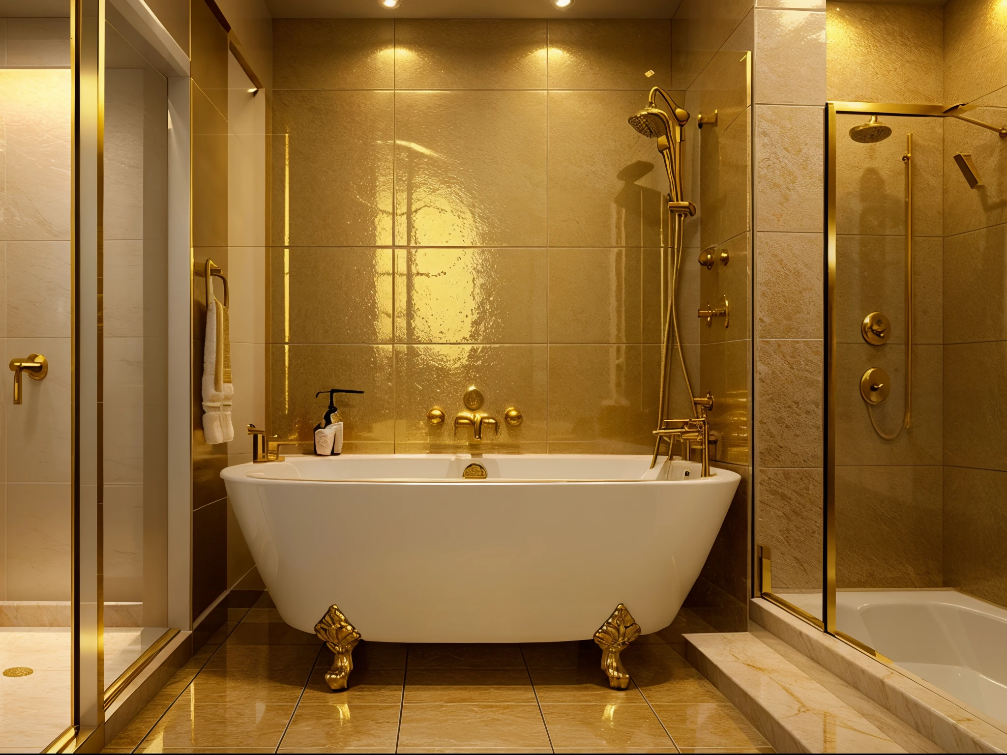 A bathroom that is relaxing and luxurious golden decoration, photorealistic, inspiring, ultra realistic.