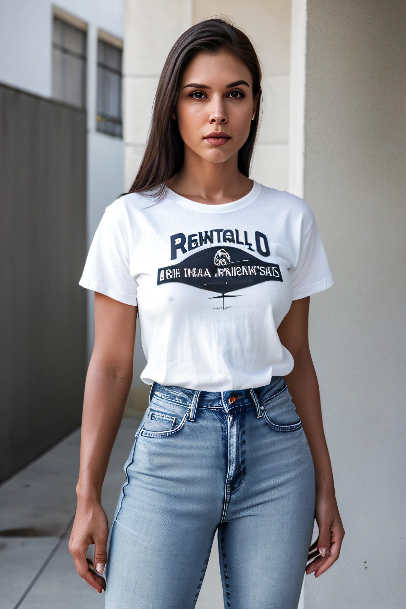 mulher de 30 anos, hiper-realista, vestindo uma camiseta preta grande e jeans branco