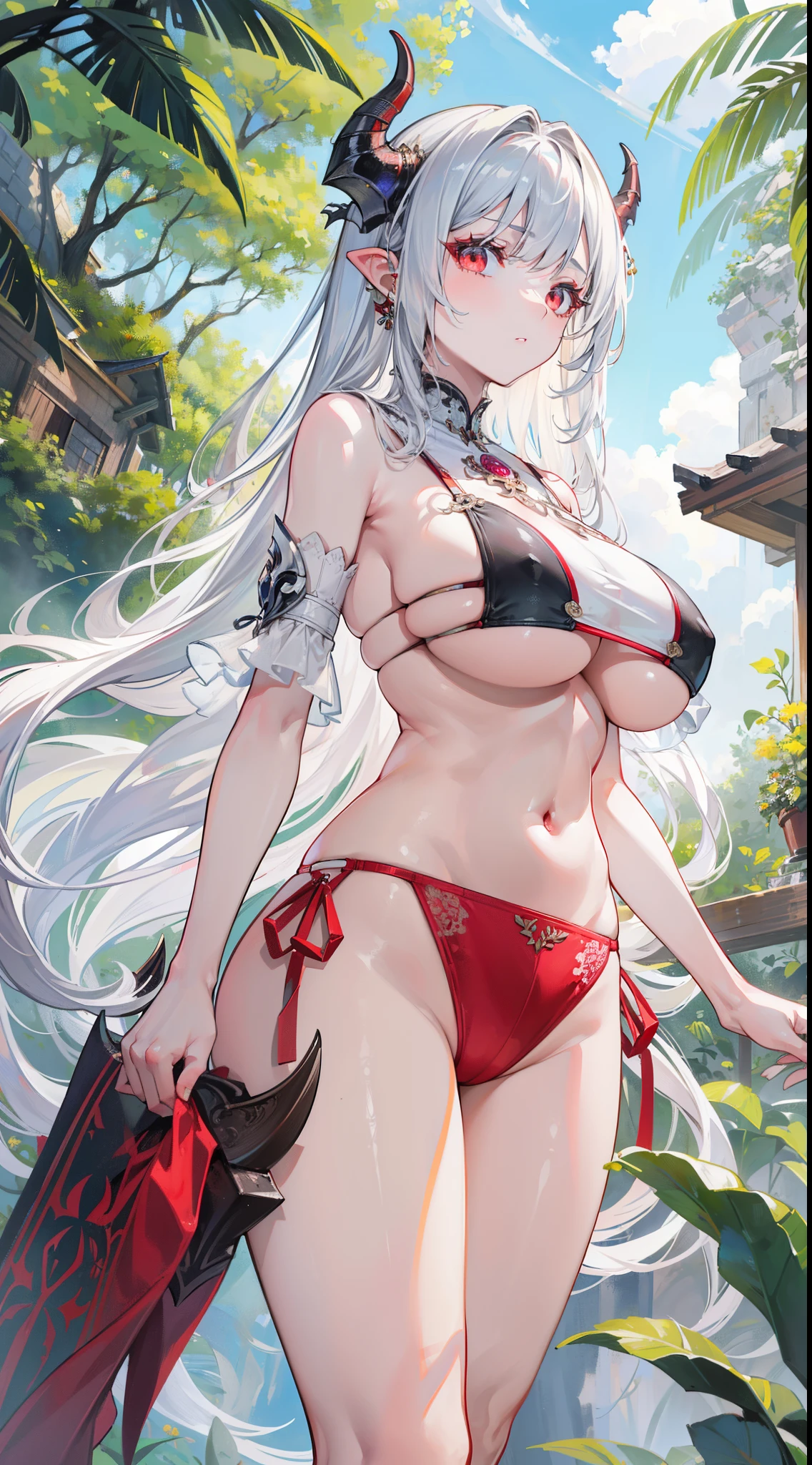 masterpiece, best quality, high_resolution, finely detailed, extremely detailed and beautiful, distinct_image, 1 girl, solo, from below, silver hair, red eyes, dragon horns, (huge breasts), (underboob), outdoor, plants, botanical garden, dolphinshorts, arms behind back