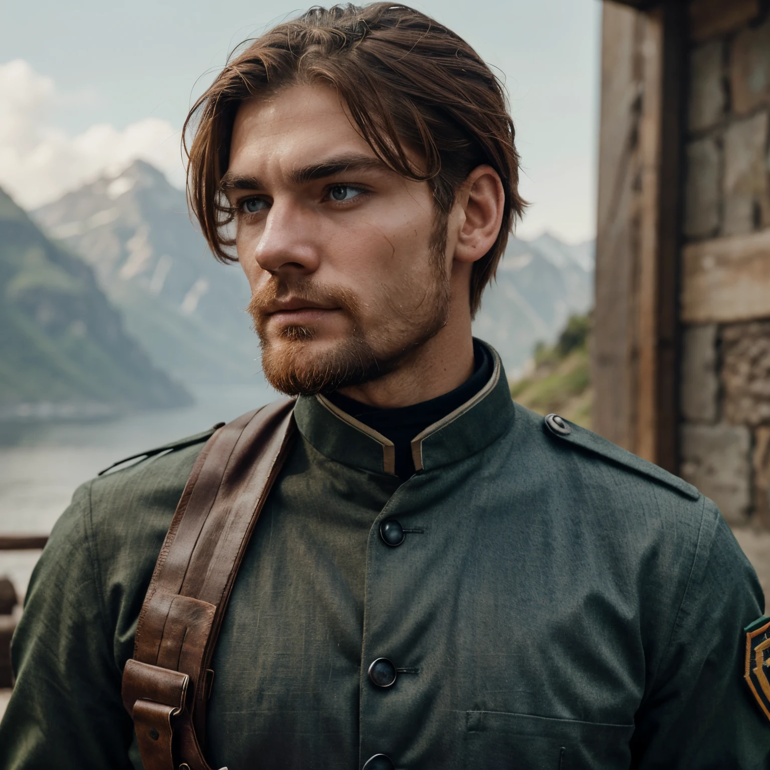Kat Hantuen, a strapping young German nazi soldier, He stands tall with arched brows and piercing, steel-blue eyes that could make even the iciest of fjords shiver. His chiseled jawline sports a bristly, stubbled auburn beard not fully growing in, rugged auburn hair dirty and in need of a nice trim from the years at war. Clad in a meticulously tailored uniform, he carries the weight of his nation upon his shoulders, a walking emblem of discipline and unwavering loyalty.