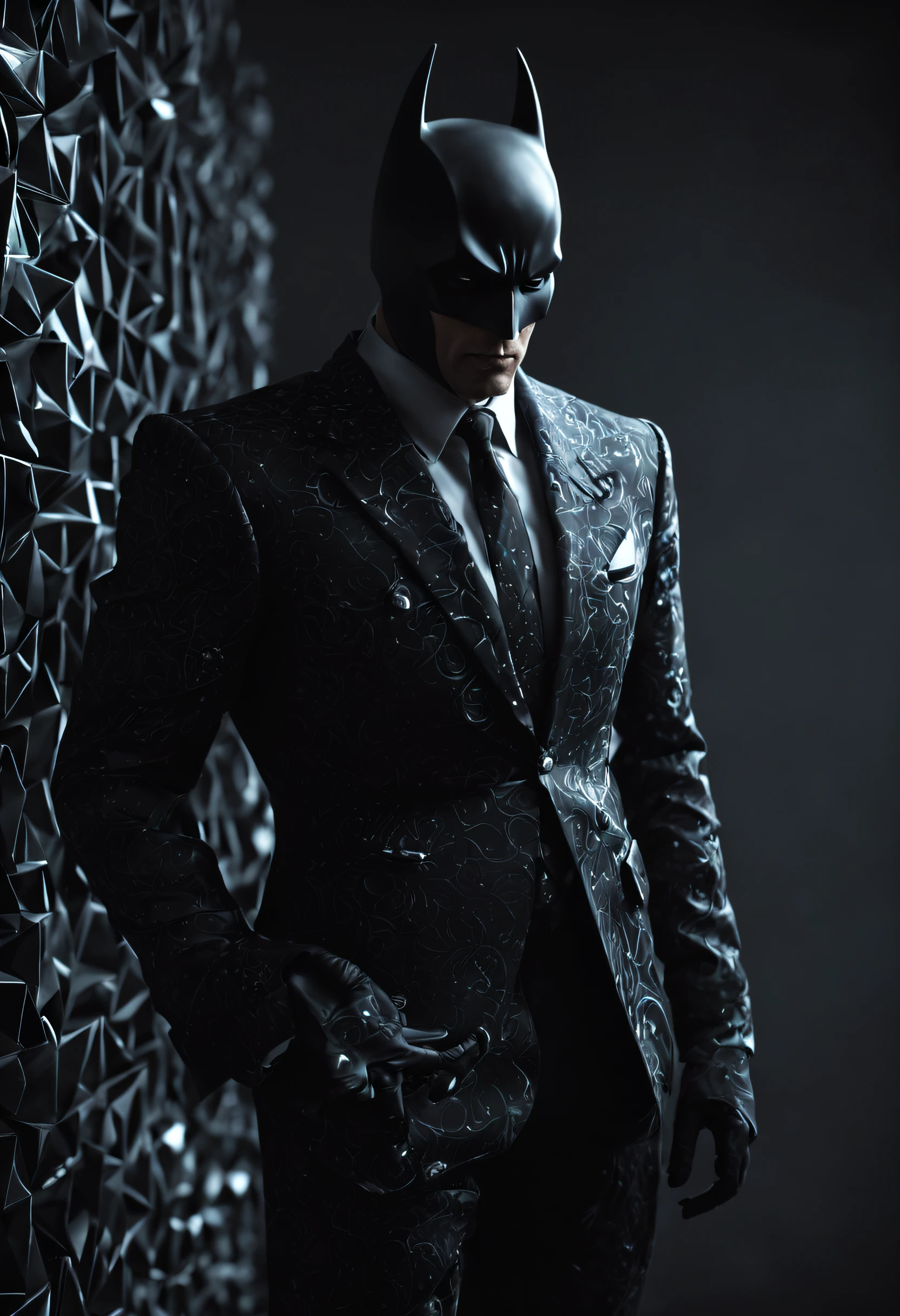 Add depth and contrast. The surrounding patterns become more pronounced, representing the dance of chemistry and attraction. Tags: dark fantasy, conceptual art, monochrome art, vibrant. Batman in Italian Style suit. High quality, 8k, 3d render, illustration, cinematic, photov0.2, cinematic, illustration, 3d render