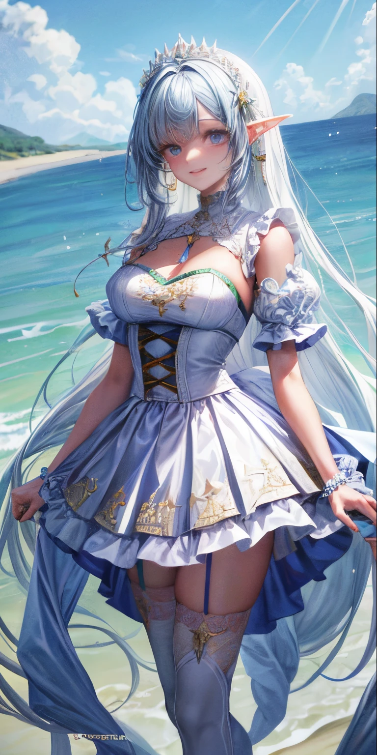 standingn, seios grandes, agitado, rosto bonito, corpo grosso, cabelos loiros, olhos semifechados, sorriso, axilas expostas, obra-prima, super massa, qualidade 4k, alto detalhe, Elf Mother, bandana freira preta, saia de renda, decote, white panty hose, suado, roupas molhadas, transparente, add_detail:1.5, NSFW